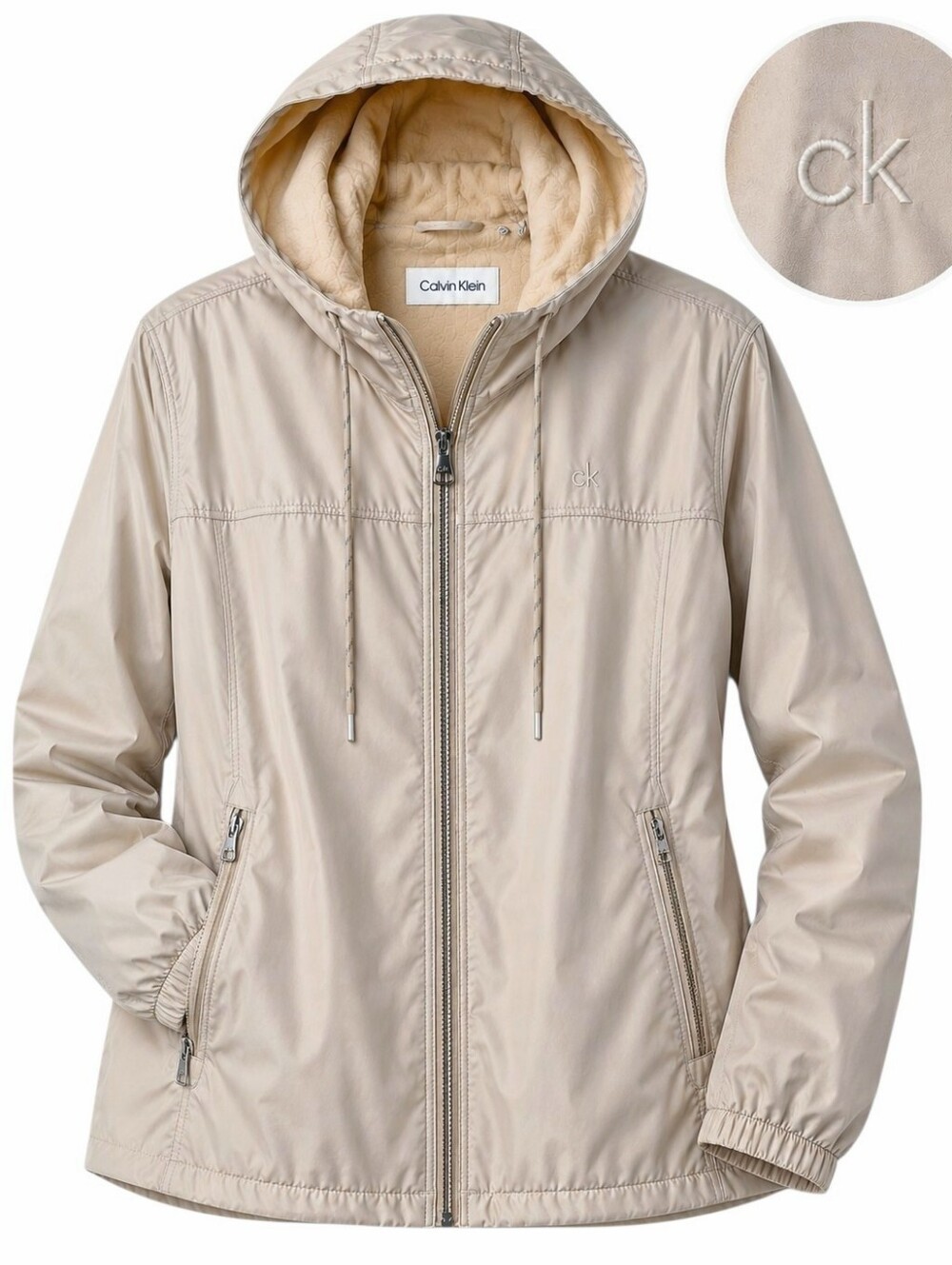 Calvin Klein Women’s XL Ivory Tan Fleece Lined Hooded Windbreaker Shimmer Jacket
